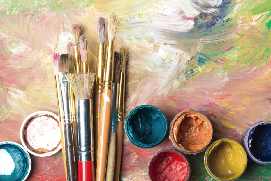 Picture of colorful acrylic paints and brushes promoting the Acrylic Painting class.