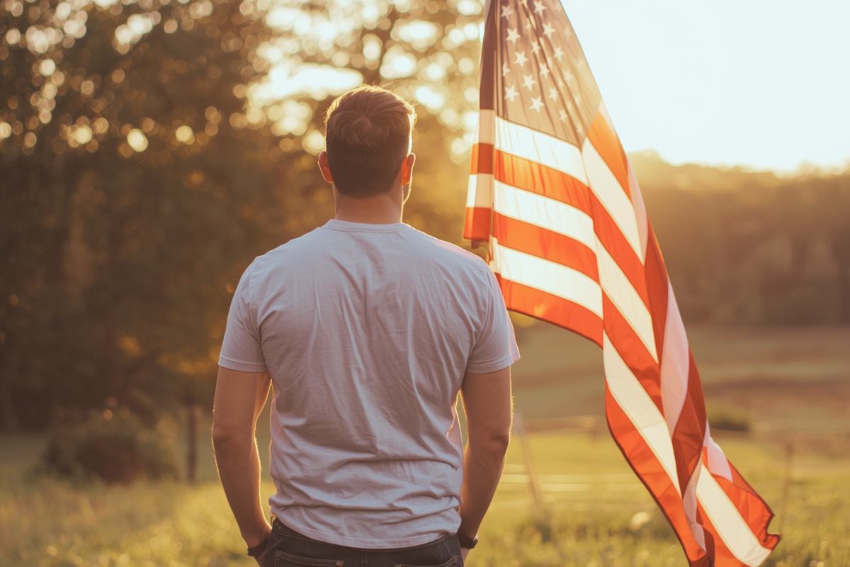 Veteran staring at a sunset with a flag to his right. The Joel Fund - Reconnecting Veterans to Life at Home - Building connection, restoring purpose, creating stability